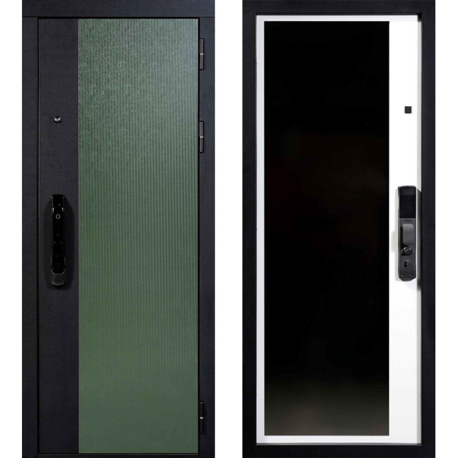 Делла (860*2050 R, Вудлайн олива (ПВХ)+вставка черный кварц (ПВХ), Белый ZB (ПВХ)+зеркало, Заказная)